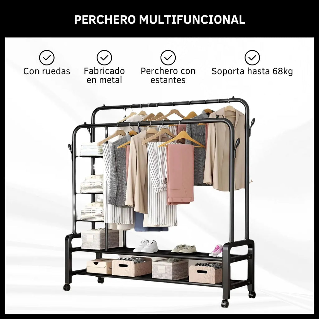 Perchero Móvil Doble Barral Metálico con Estantes – Organizador de Closet