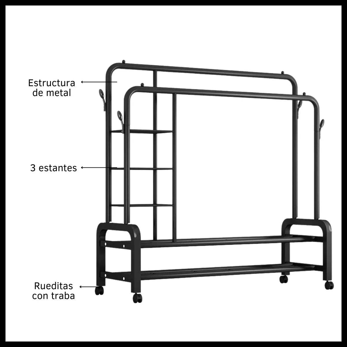 Perchero Móvil Doble Barral Metálico con Estantes – Organizador de Closet