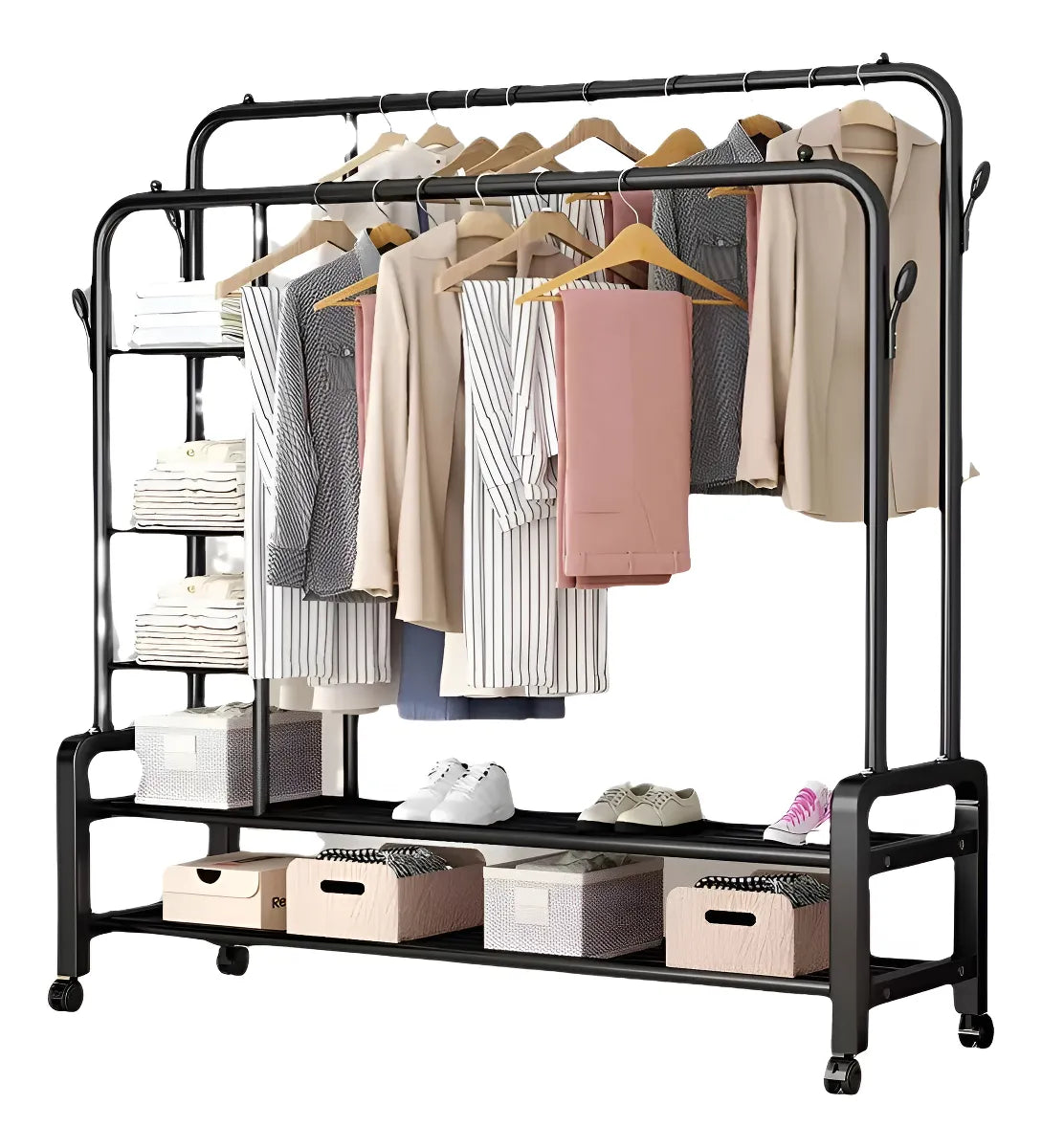 Perchero Móvil Doble Barral Metálico con Estantes – Organizador de Closet