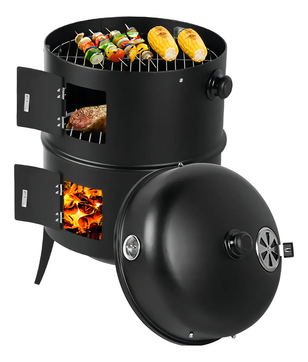 Asador Barril Portátil 3 en 1 – Parrilla, Asador y Ahumado