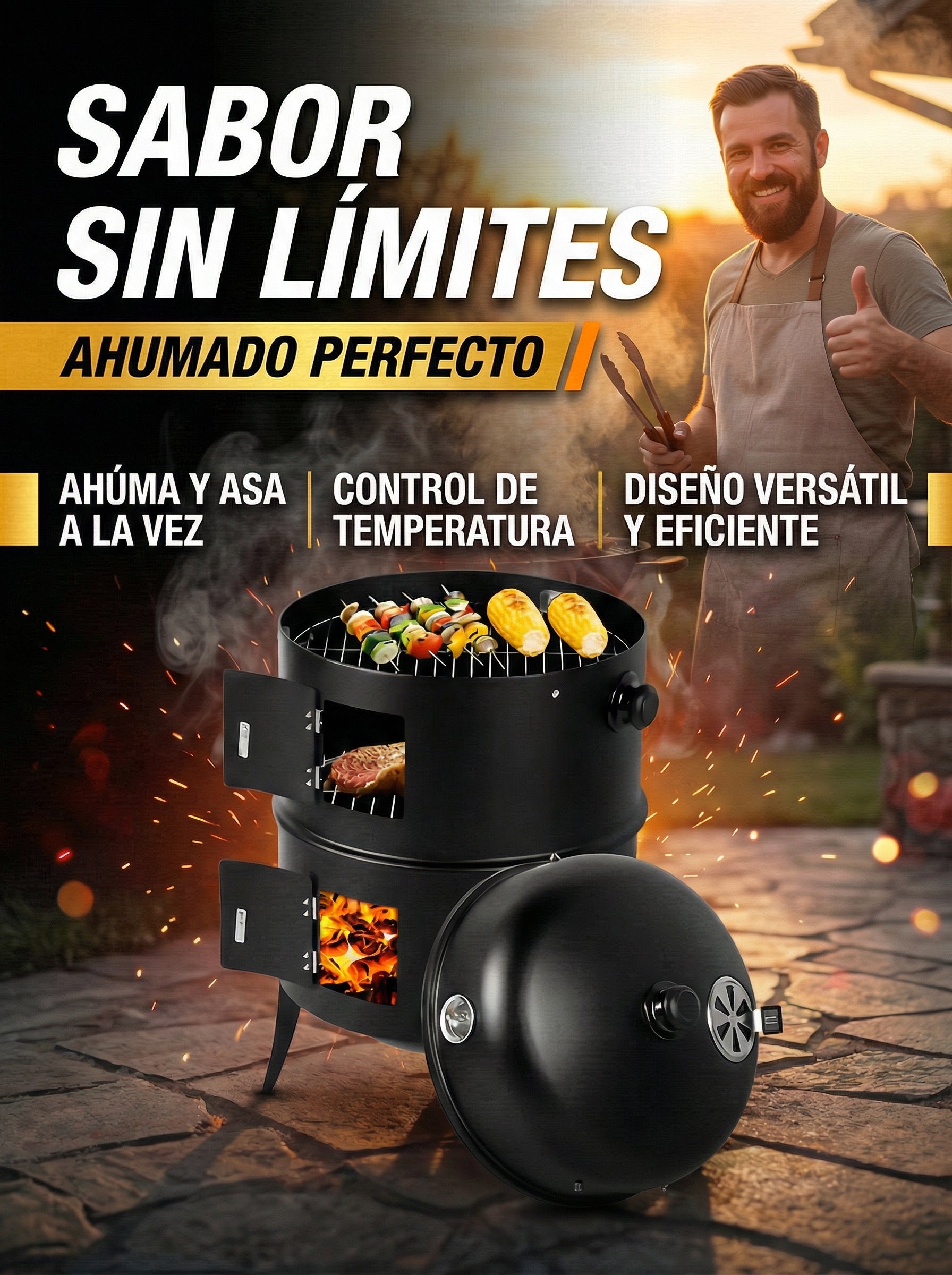 Asador Barril Portátil 3 en 1 – Parrilla, Asador y Ahumado