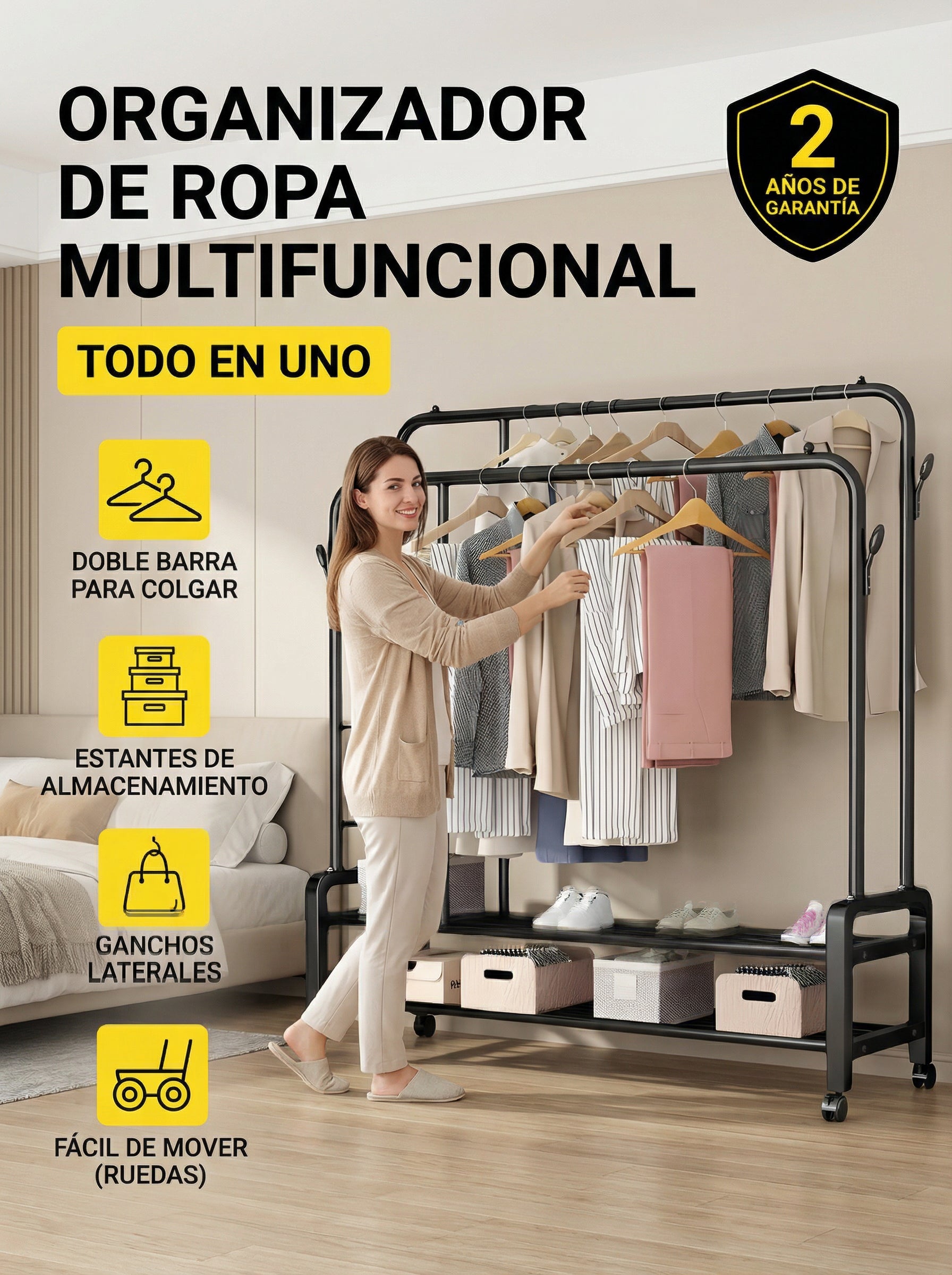 Perchero Móvil Doble Barral Metálico con Estantes – Organizador de Closet
