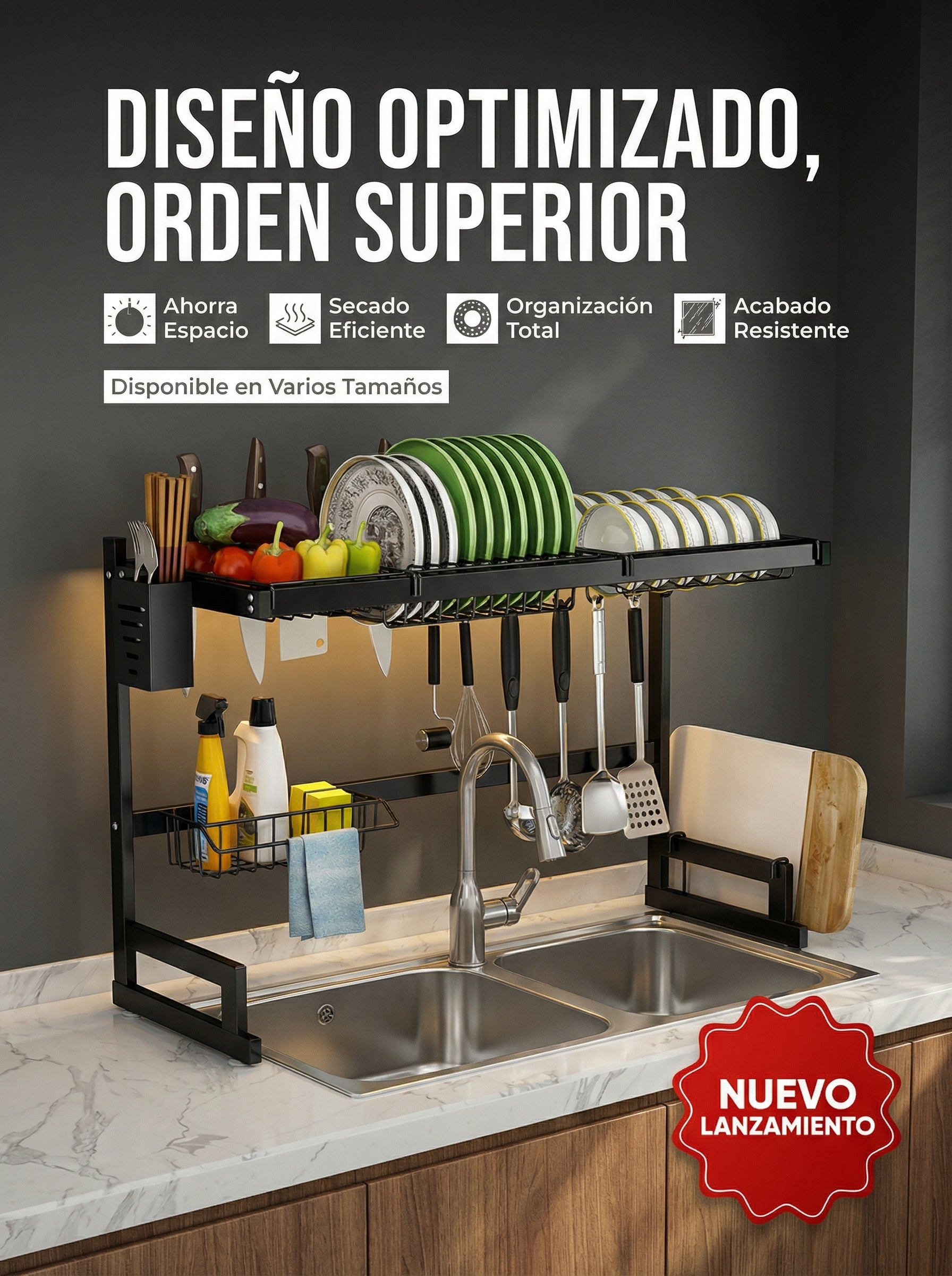 Escurridor de Platos Multifuncional de Acero Inoxidable – 11 Piezas Intercambiables